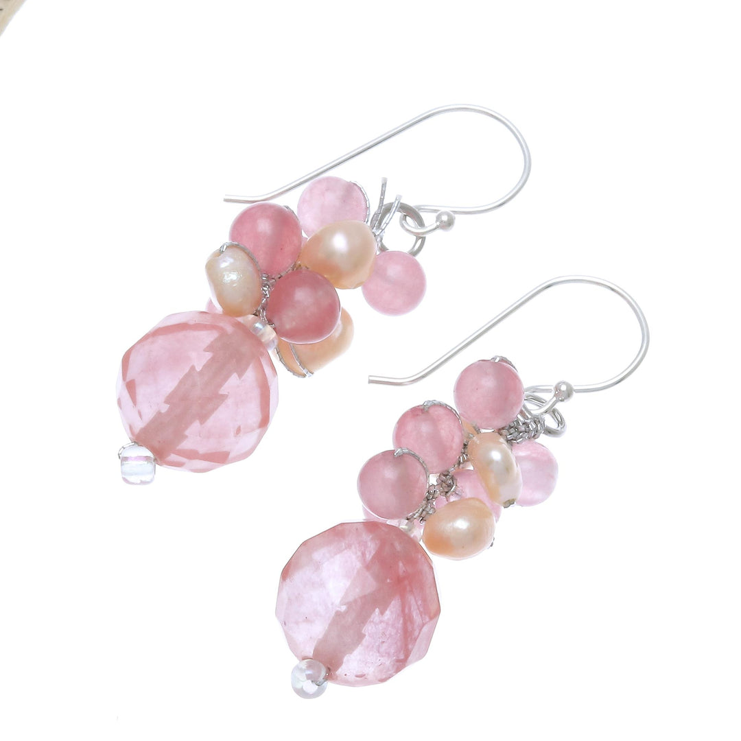 Pink Quartz and Cultured Pearl Beaded Dangle Earrings - Soft Pink Love