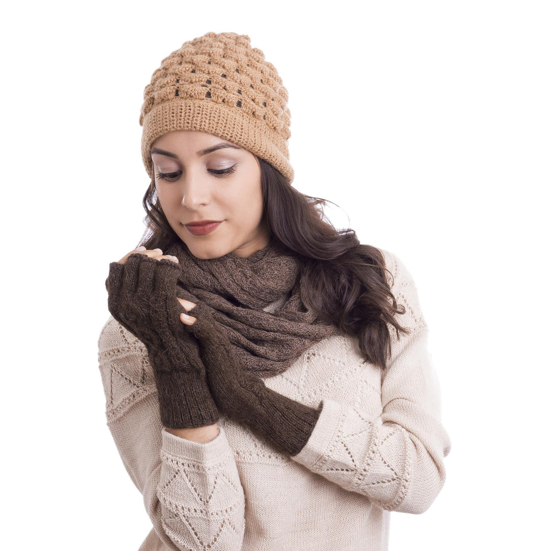 Hand-Knit 100% Alpaca Fingerless Gloves in Mahogany - Warm Mahogany
