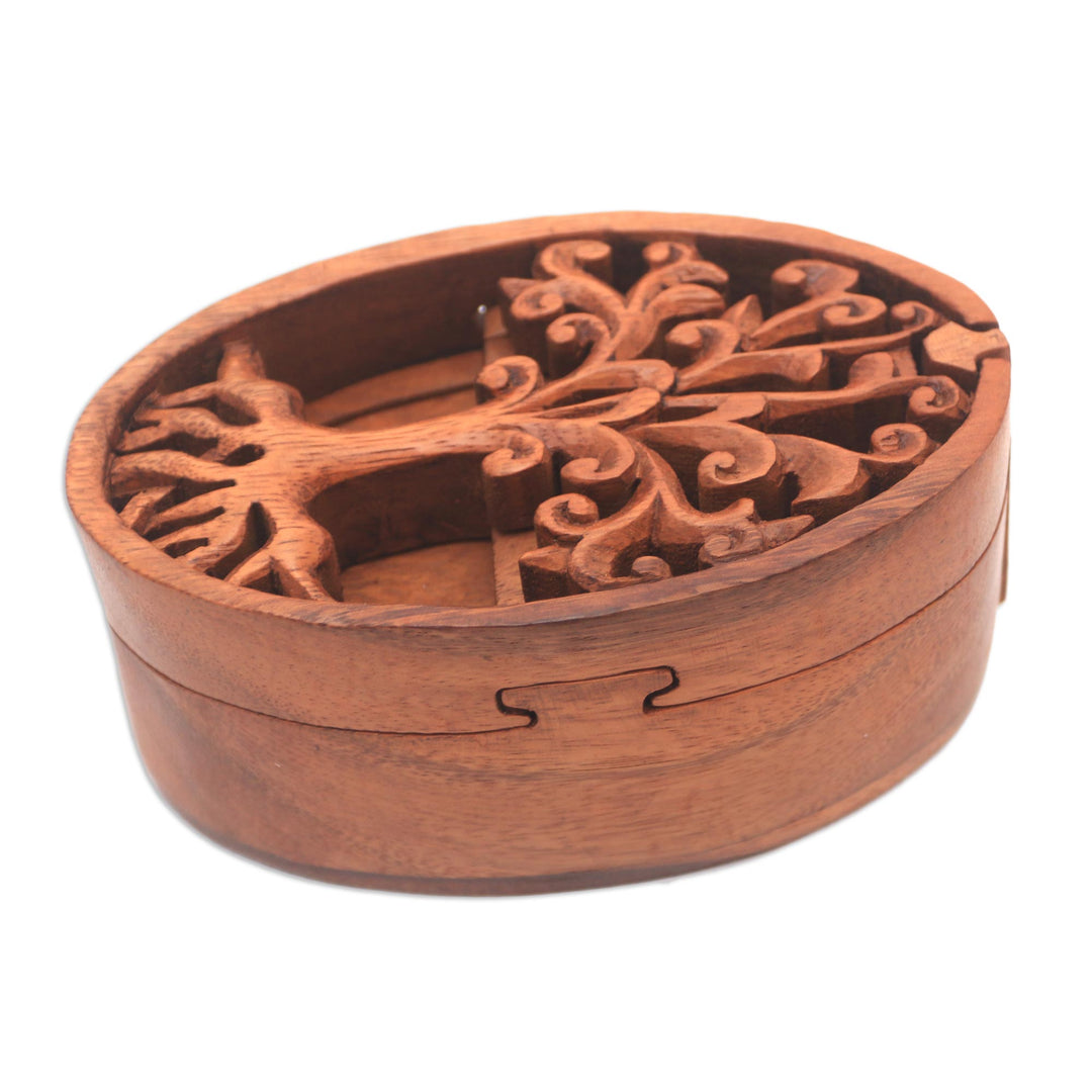 Tree-Themed Suar Wood Puzzle Box from Bali - Tree Oval