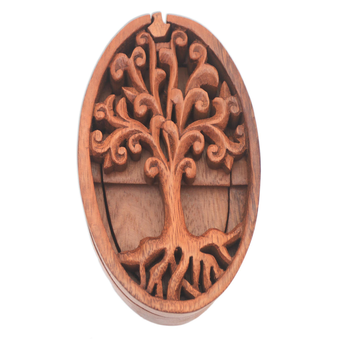Tree-Themed Suar Wood Puzzle Box from Bali - Tree Oval