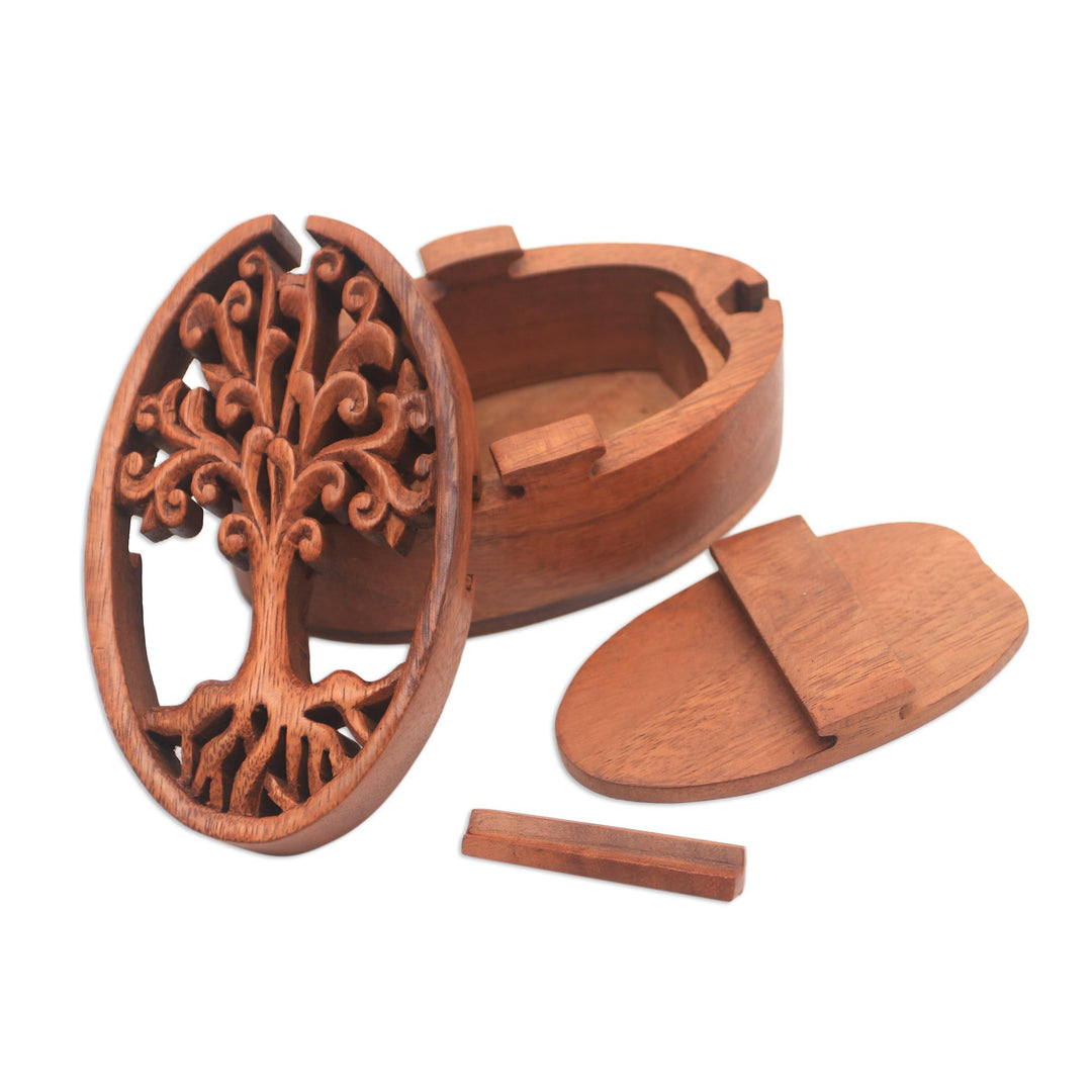 Tree-Themed Suar Wood Puzzle Box from Bali - Tree Oval