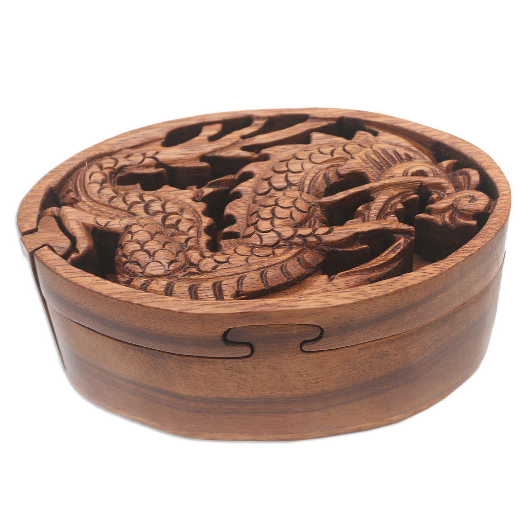 Dragon-Themed Suar Wood Puzzle Box from Bali - Dragon Oval