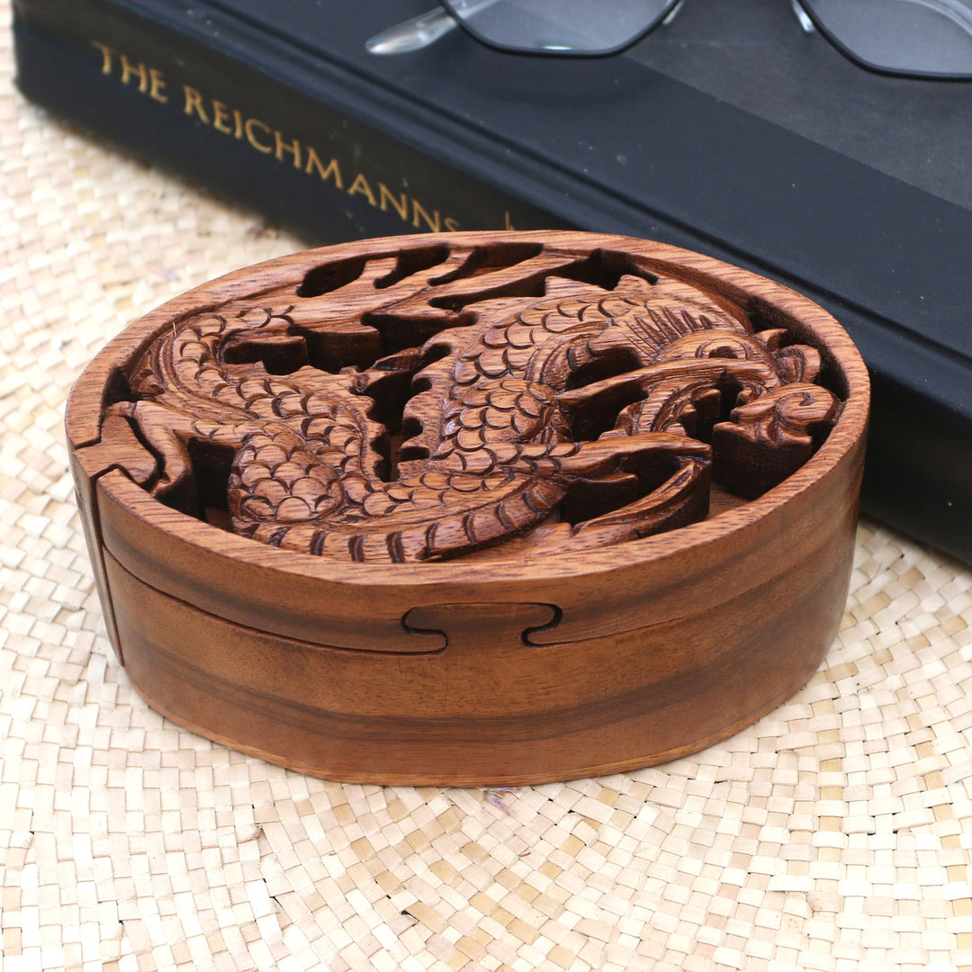 Dragon-Themed Suar Wood Puzzle Box from Bali - Dragon Oval