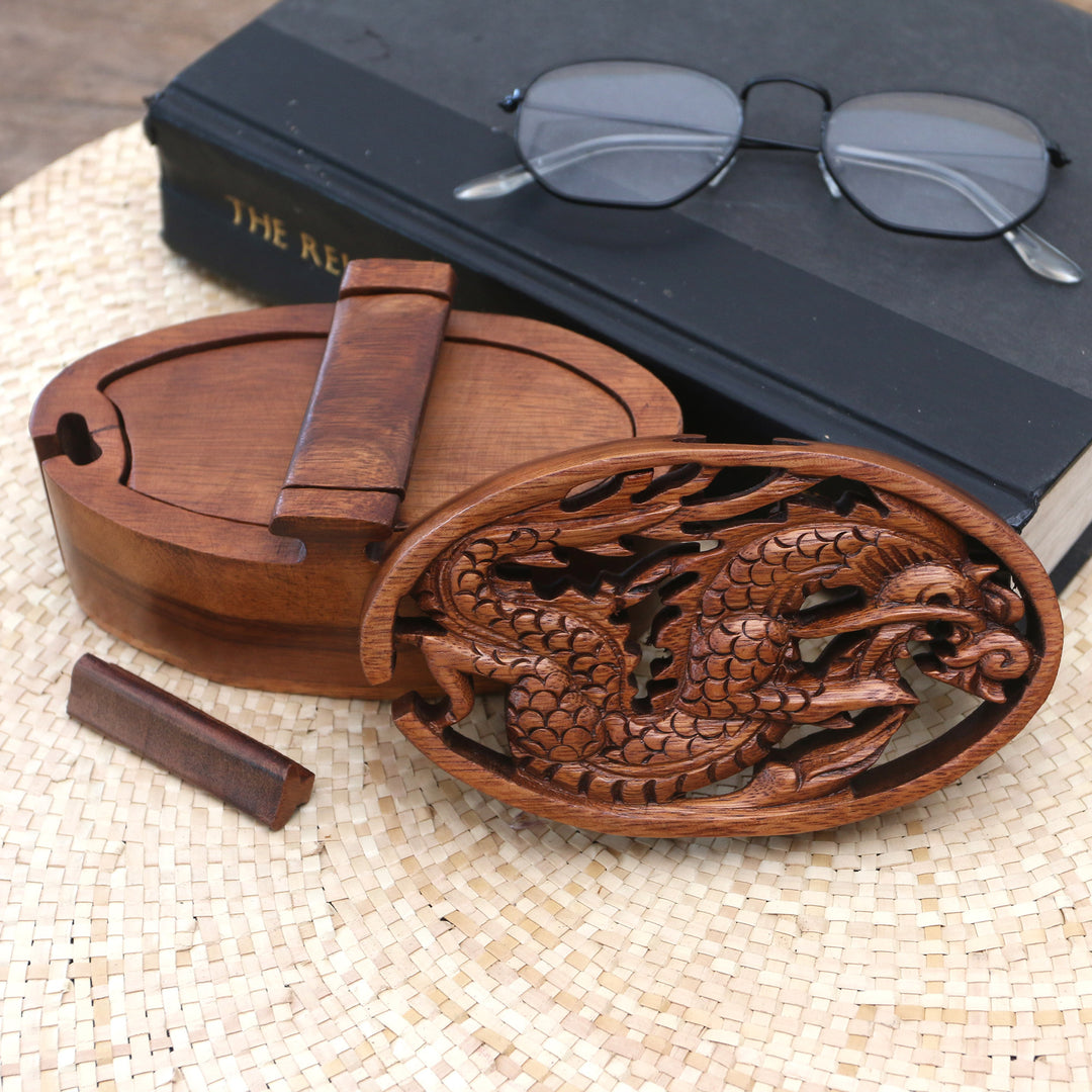 Dragon-Themed Suar Wood Puzzle Box from Bali - Dragon Oval