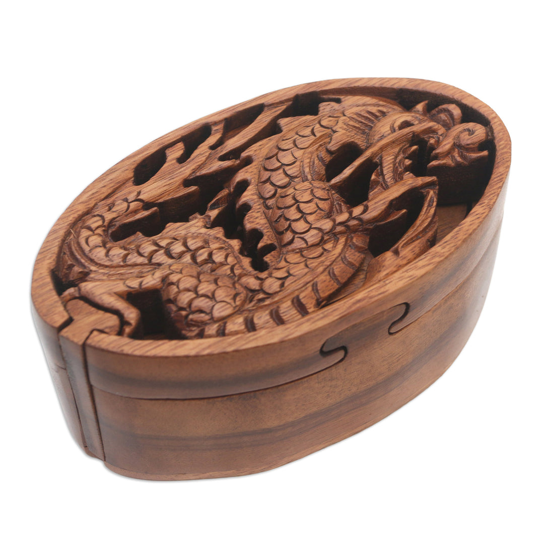 Dragon-Themed Suar Wood Puzzle Box from Bali - Dragon Oval