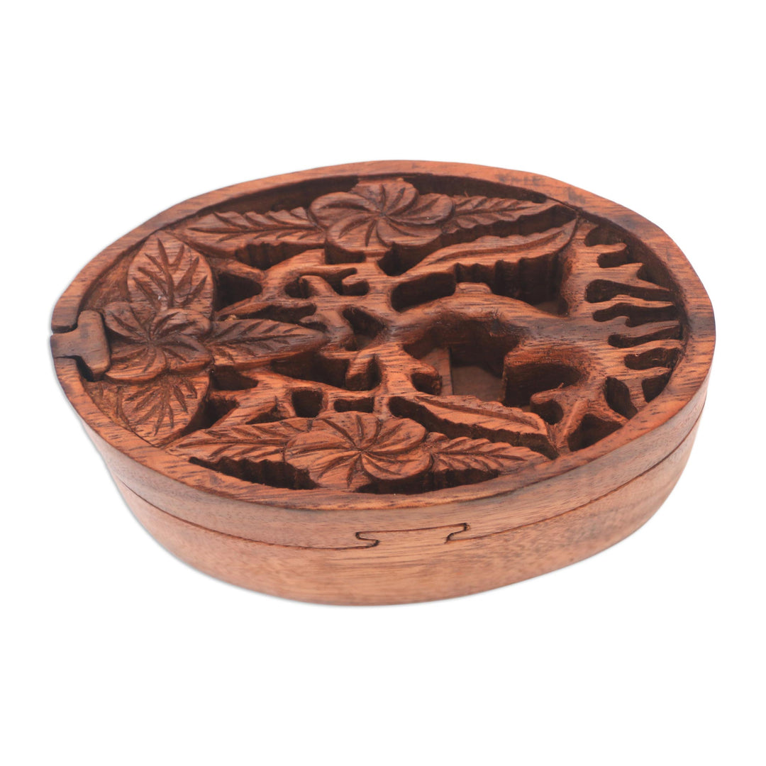 Floral Suar Wood Puzzle Box from Bali - Plumeria Oval