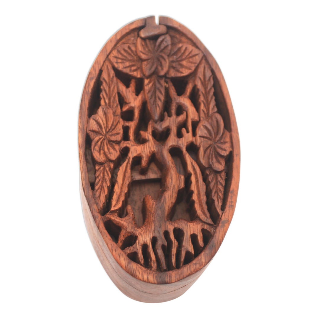 Floral Suar Wood Puzzle Box from Bali - Plumeria Oval