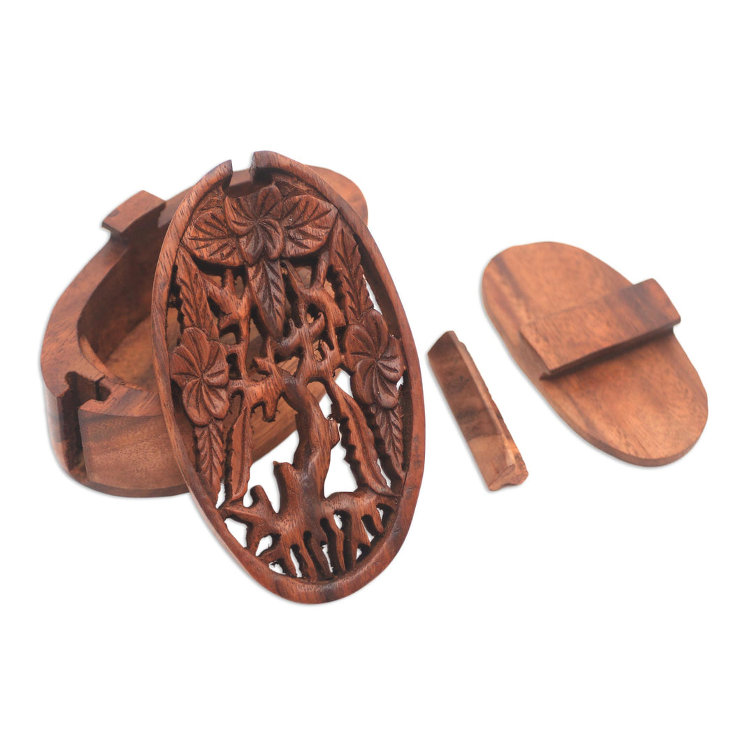 Floral Suar Wood Puzzle Box from Bali - Plumeria Oval