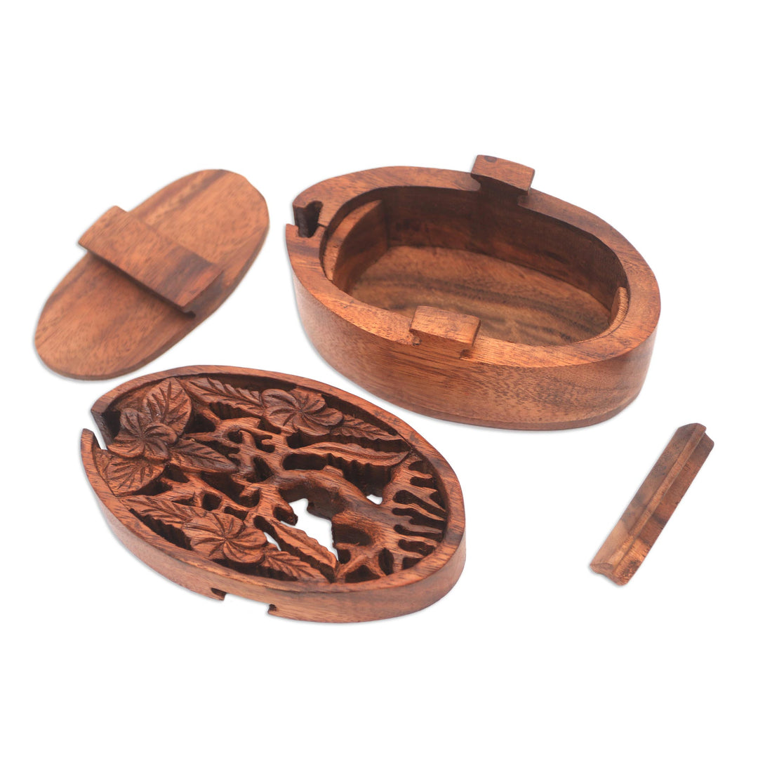 Floral Suar Wood Puzzle Box from Bali - Plumeria Oval