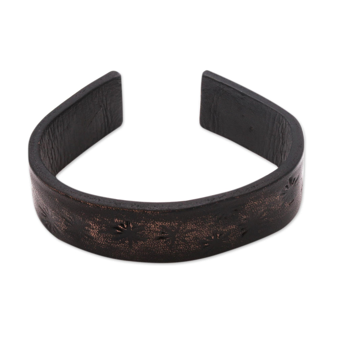 Subtle Star Motif Black Leather Cuff Bracelet from Bali - Hidden Stars in Black