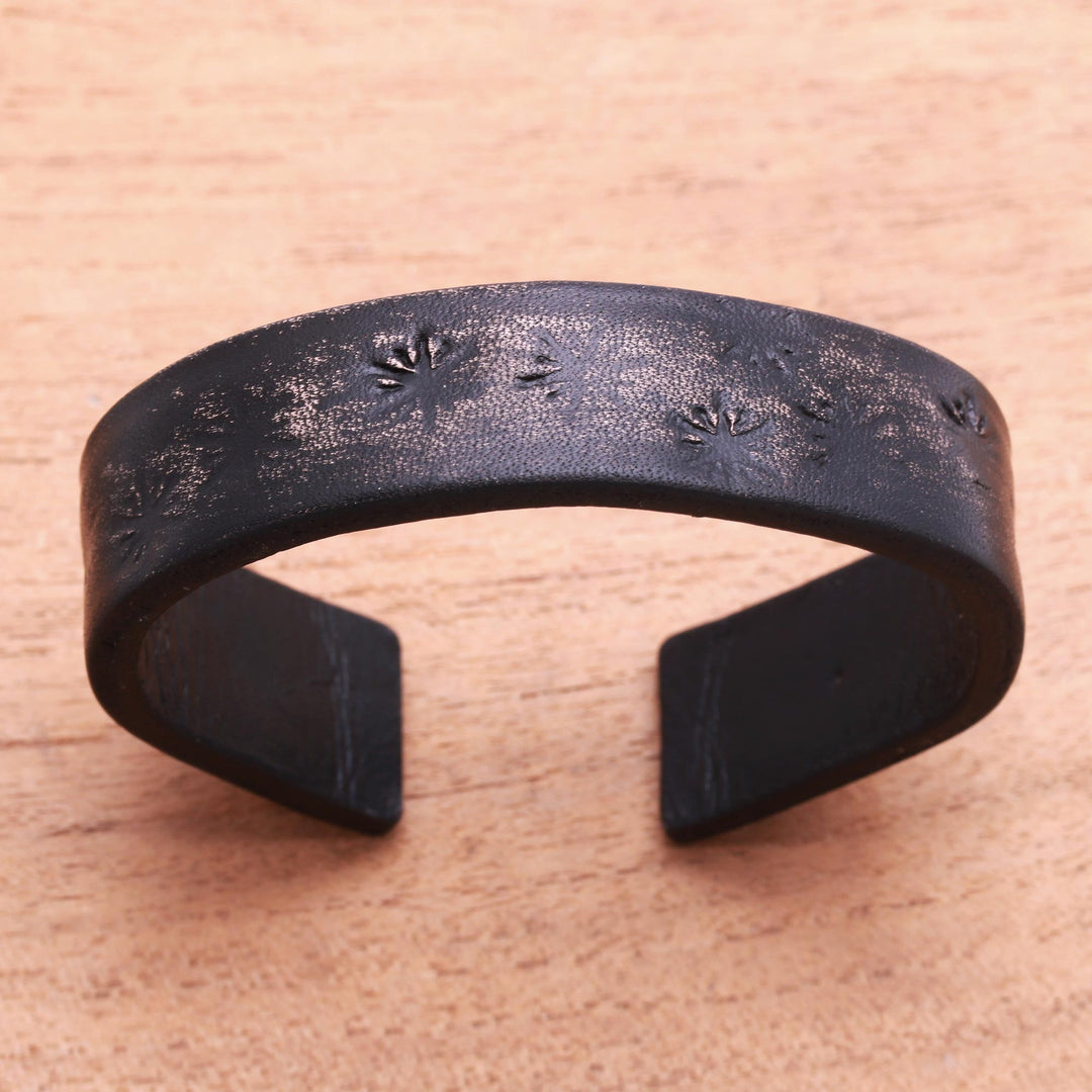 Subtle Star Motif Black Leather Cuff Bracelet from Bali - Hidden Stars in Black