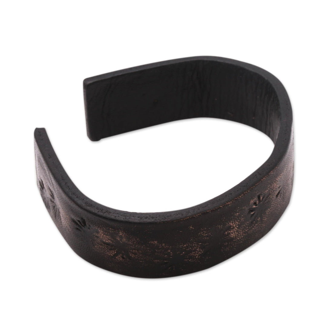 Subtle Star Motif Black Leather Cuff Bracelet from Bali - Hidden Stars in Black