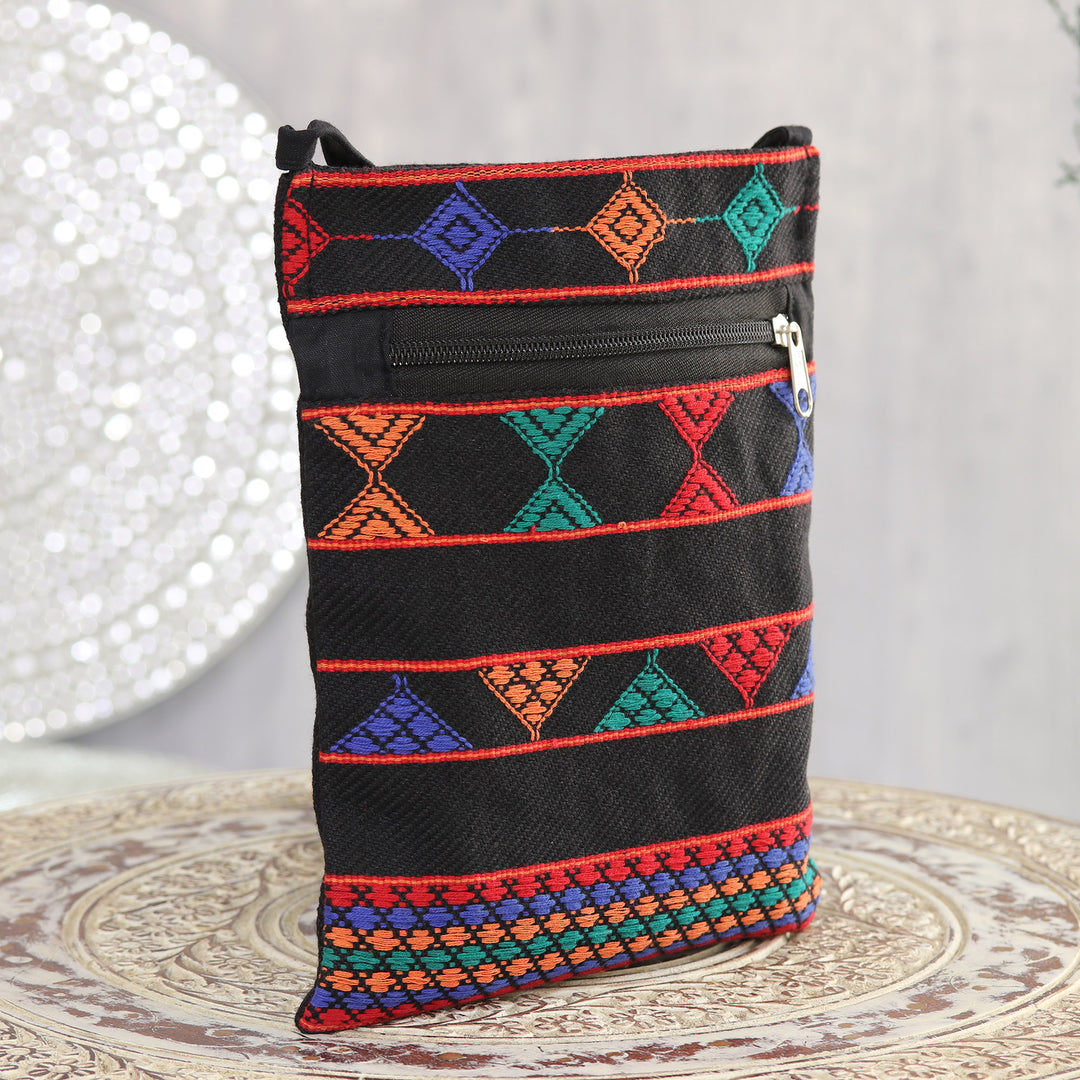 Geometric Cotton Sling in Black and Multicolor from India - Geometric Pattu