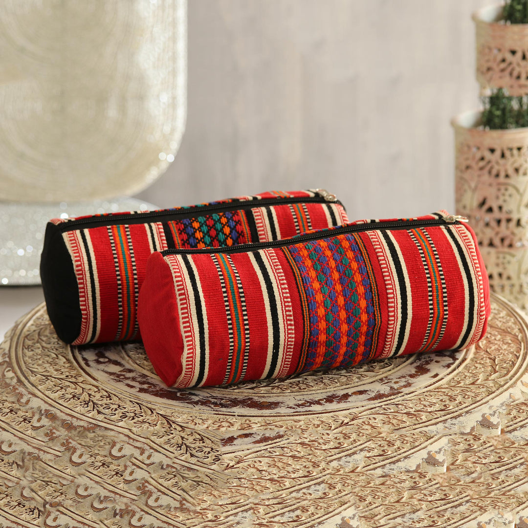 Multicolored Striped Cotton Cosmetic Bags from India (Pair) - Striped Desire