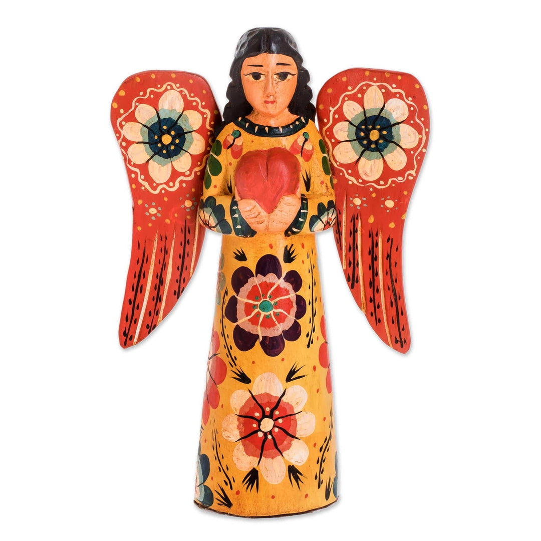 Floral Wood Angel Sculpture Holding a Heart from Guatemala - Offering Peace