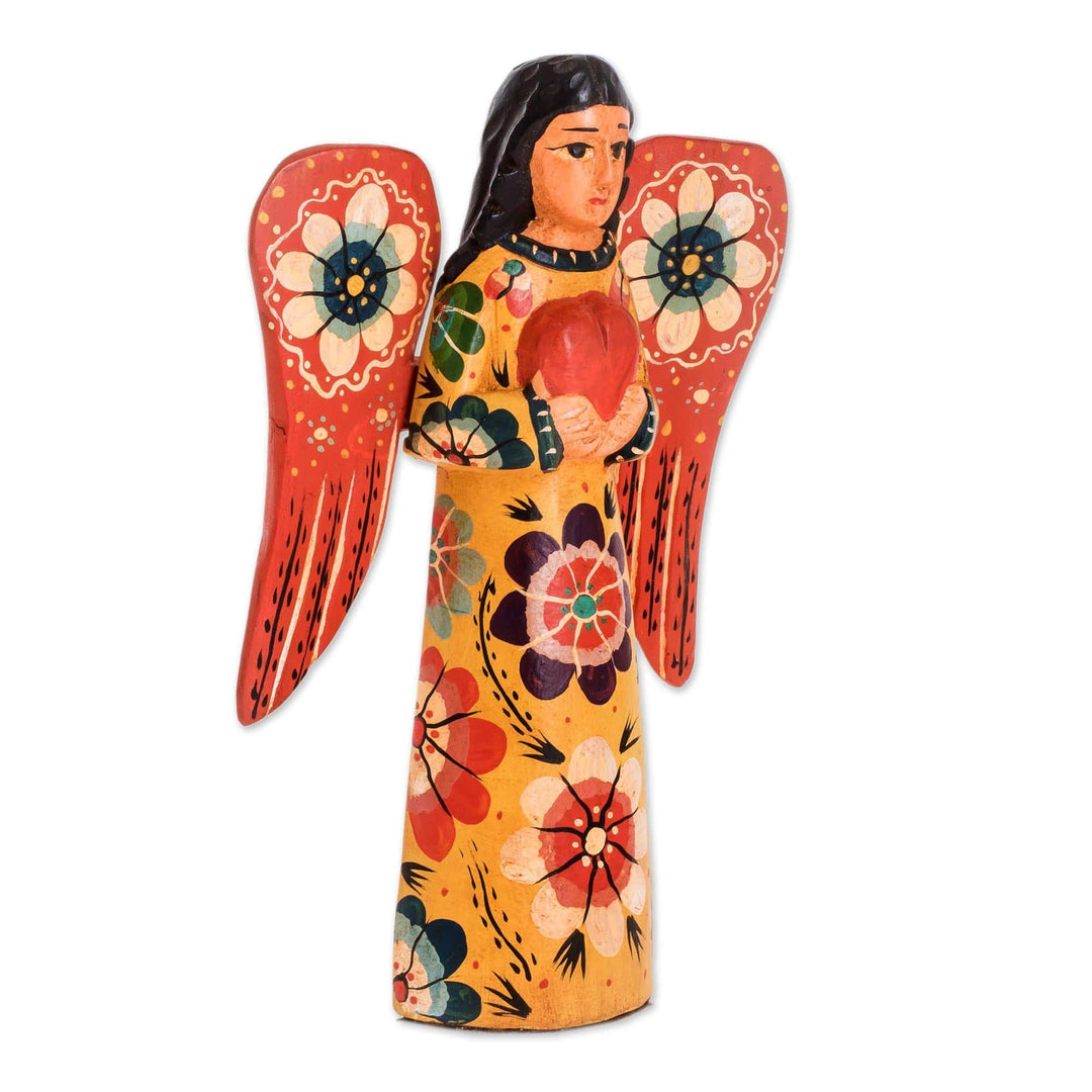 Floral Wood Angel Sculpture Holding a Heart from Guatemala - Offering Peace