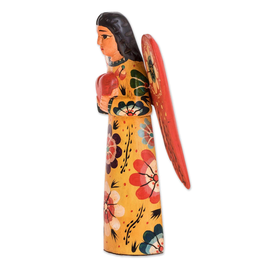 Floral Wood Angel Sculpture Holding a Heart from Guatemala - Offering Peace