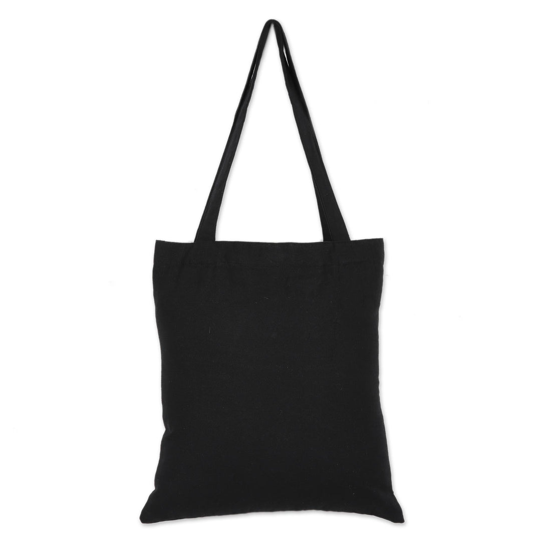 Frond Motif Cotton Shoulder Bag in Blue and Black from India - Beautiful Frond in Blue