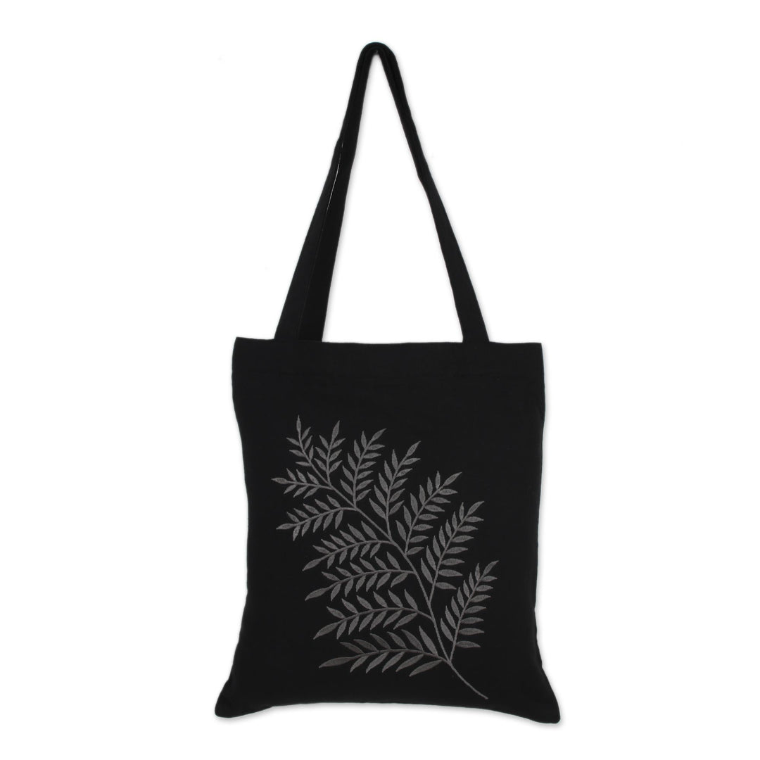 Frond Motif Cotton Shoulder Bag in Ash and Black from India - Beautiful Frond in Ash