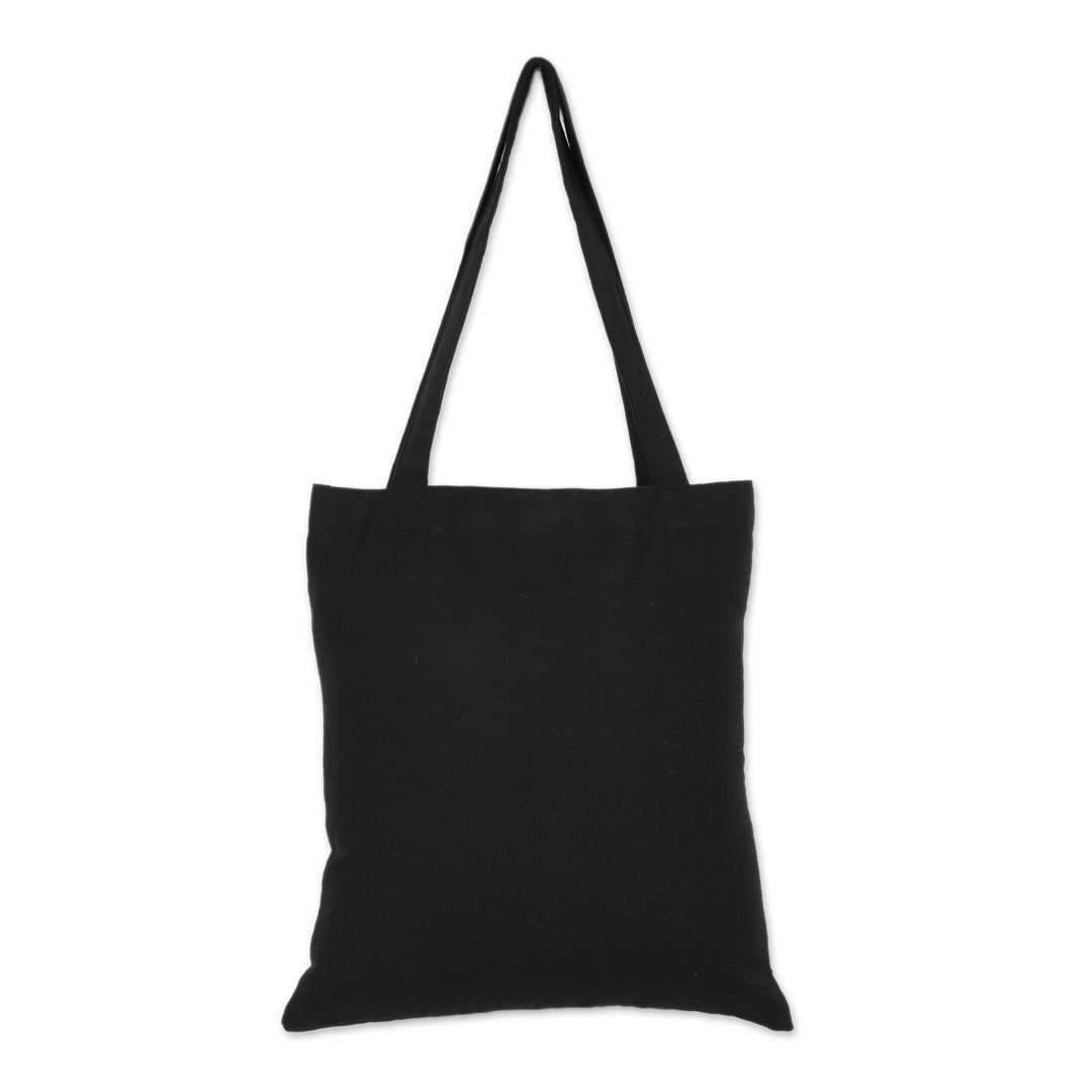 Frond Motif Cotton Shoulder Bag in Ash and Black from India - Beautiful Frond in Ash