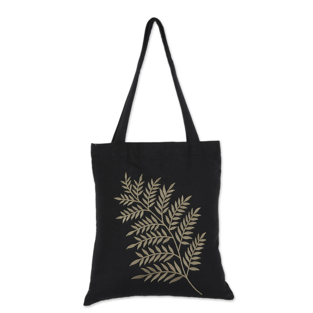 Frond Motif Cotton Shoulder Bag in Sage and Black from India - Beautiful Frond in Sage