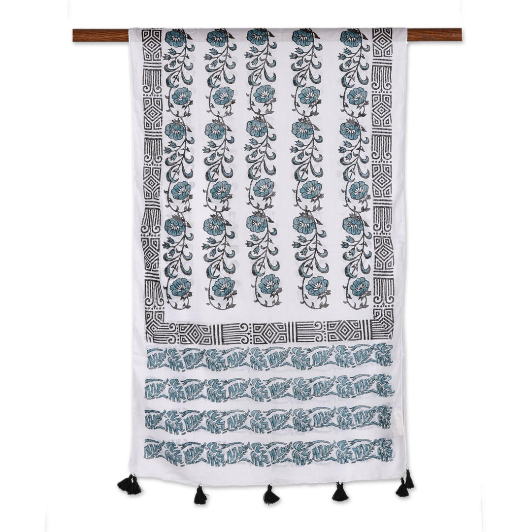 Floral Block-Printed Cotton Wrap Scarf from India - Bouquet Bliss
