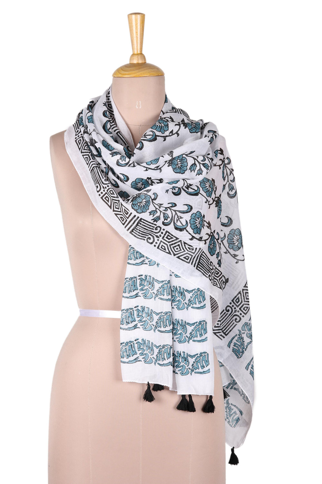 Floral Block-Printed Cotton Wrap Scarf from India - Bouquet Bliss