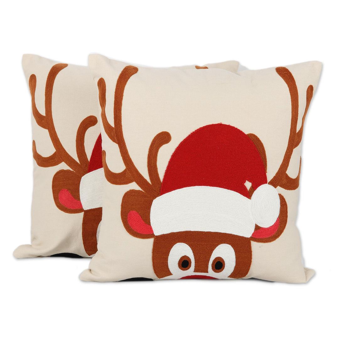 Reindeer-Themed Cotton Cushion Covers from India (Pair) - Whimsical Reindeer