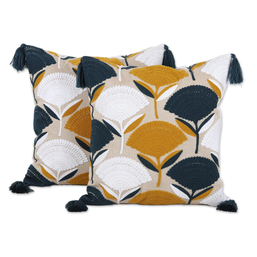 Floral Cotton Cushion Covers with Tassels from India (Pair) - Chic Bouquet
