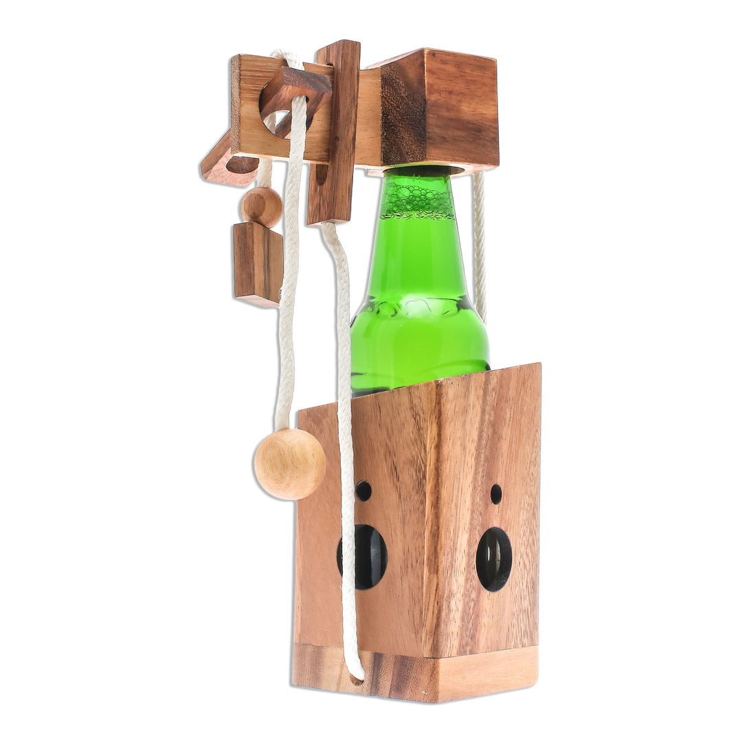 Handmade Wood Bottle Holder and Puzzle (5.5 Inch) - Open the Bottle