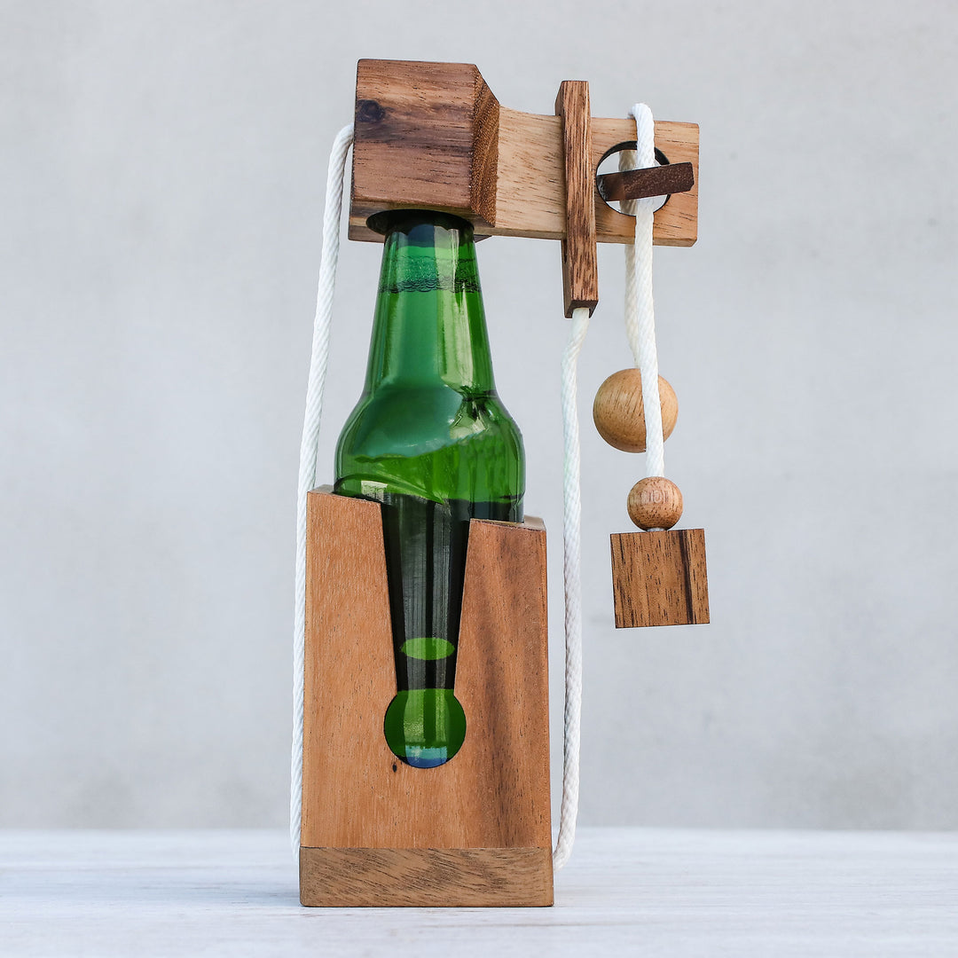 Handmade Wood Bottle Holder and Puzzle (5.5 Inch) - Open the Bottle