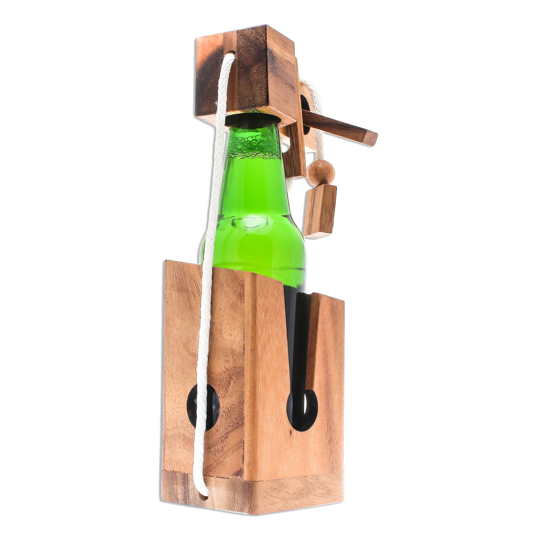 Handmade Wood Bottle Holder and Puzzle (5.5 Inch) - Open the Bottle
