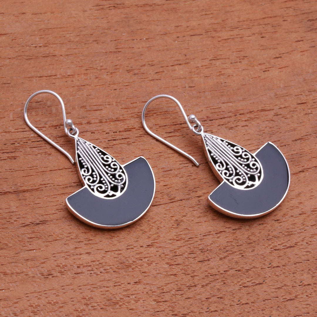 Curved Sterling Silver and Resin Dangle Earrings from Bali - Nighttime Boats