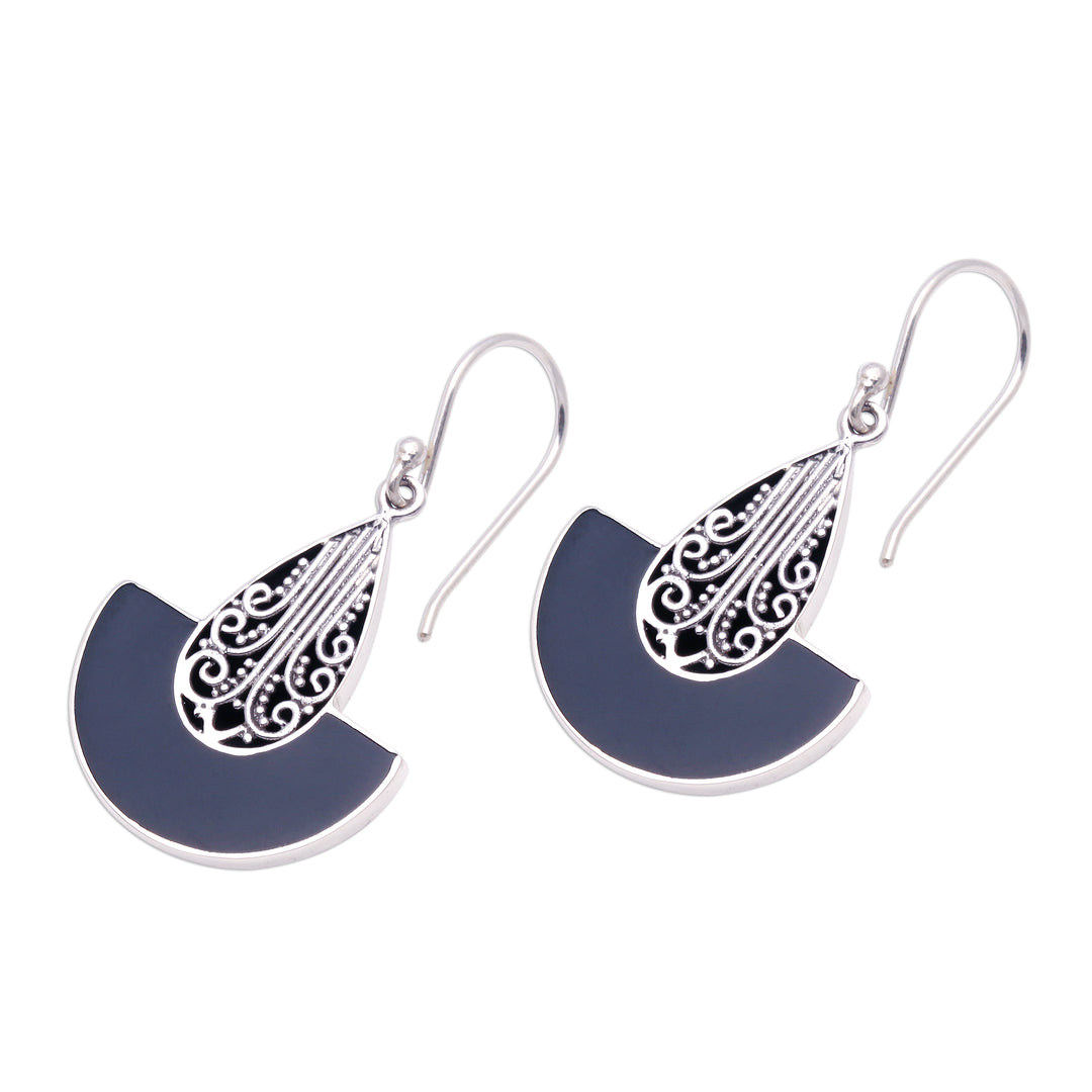 Curved Sterling Silver and Resin Dangle Earrings from Bali - Nighttime Boats
