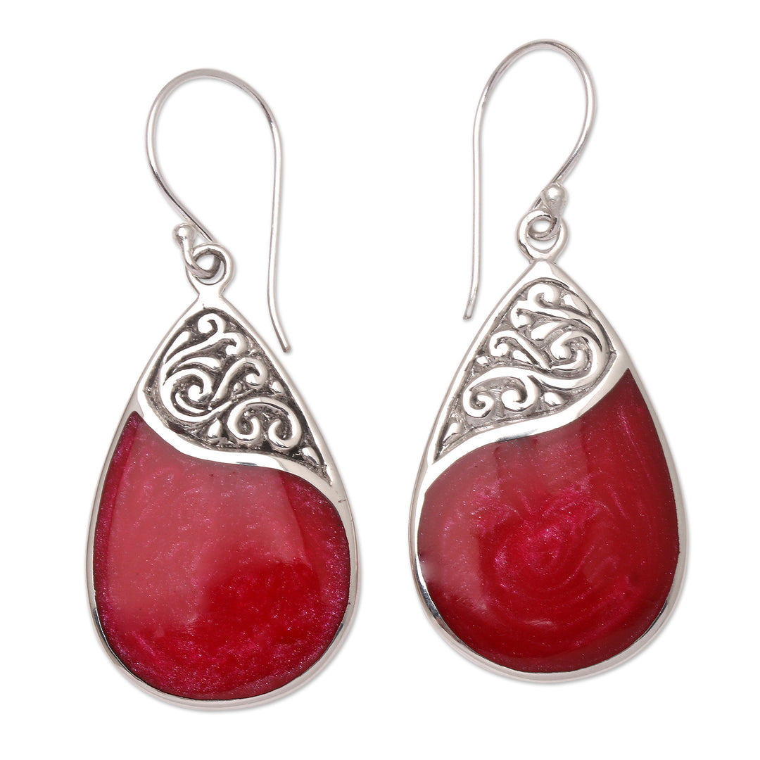 Red Teardrop Sterling Silver and Resin Dangle Earrings - Bali Pear