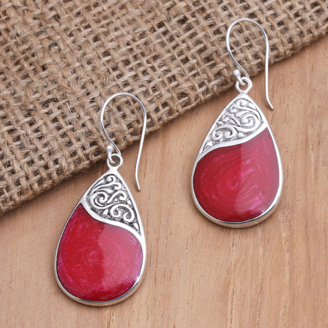Red Teardrop Sterling Silver and Resin Dangle Earrings - Bali Pear