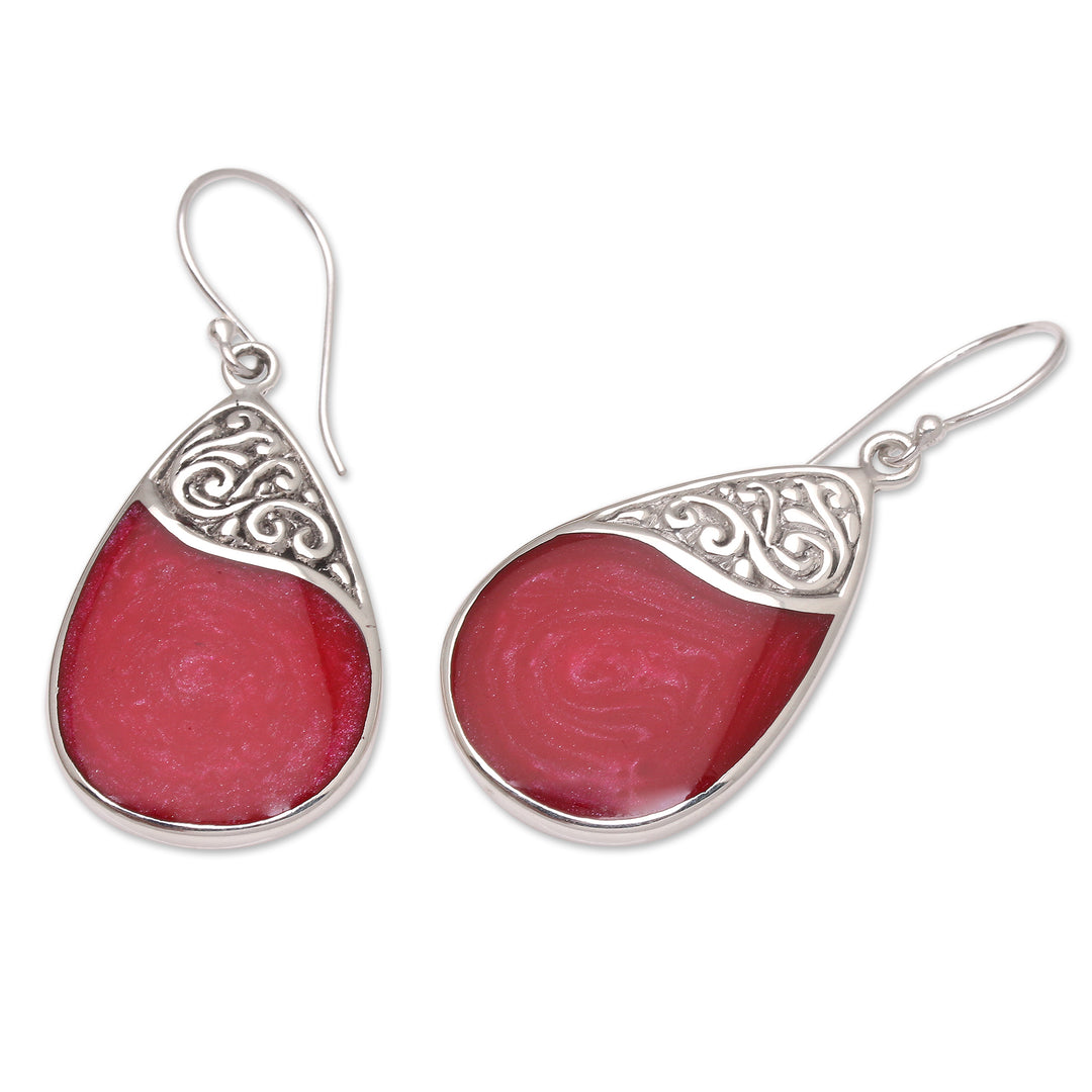 Red Teardrop Sterling Silver and Resin Dangle Earrings - Bali Pear