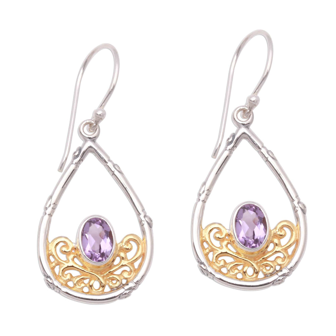 Gold Accented Amethyst Dangle Earrings from Bali - Beautiful Cradle