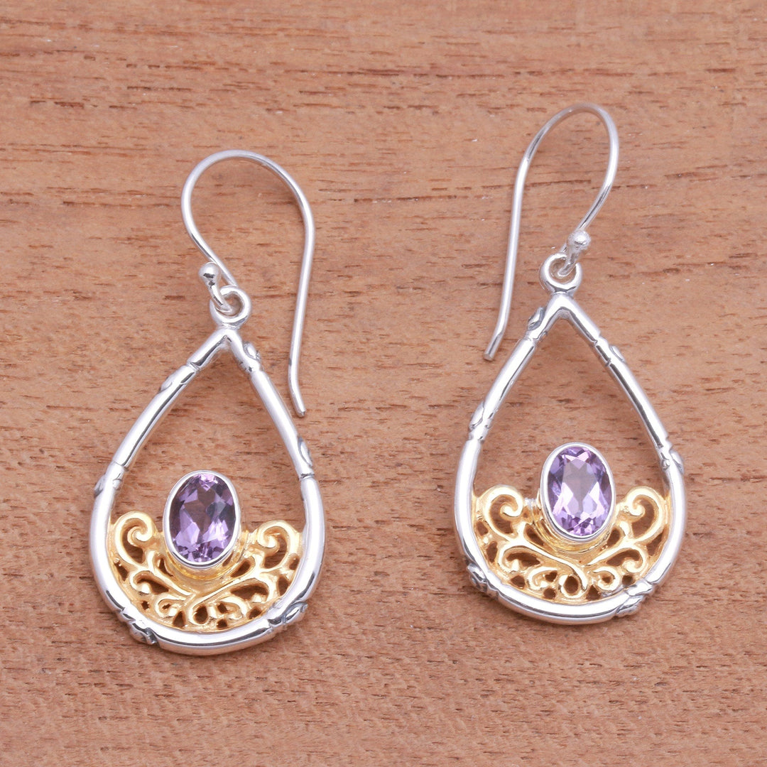 Gold Accented Amethyst Dangle Earrings from Bali - Beautiful Cradle