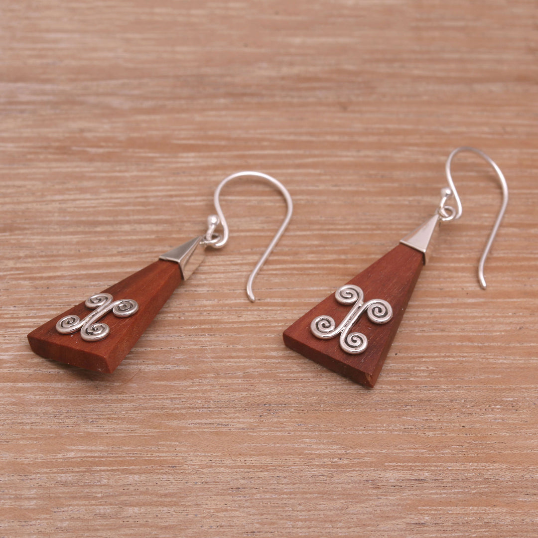 Wood Triangle Sterling Silver Swirl Modern Dangle Earrings - Reach
