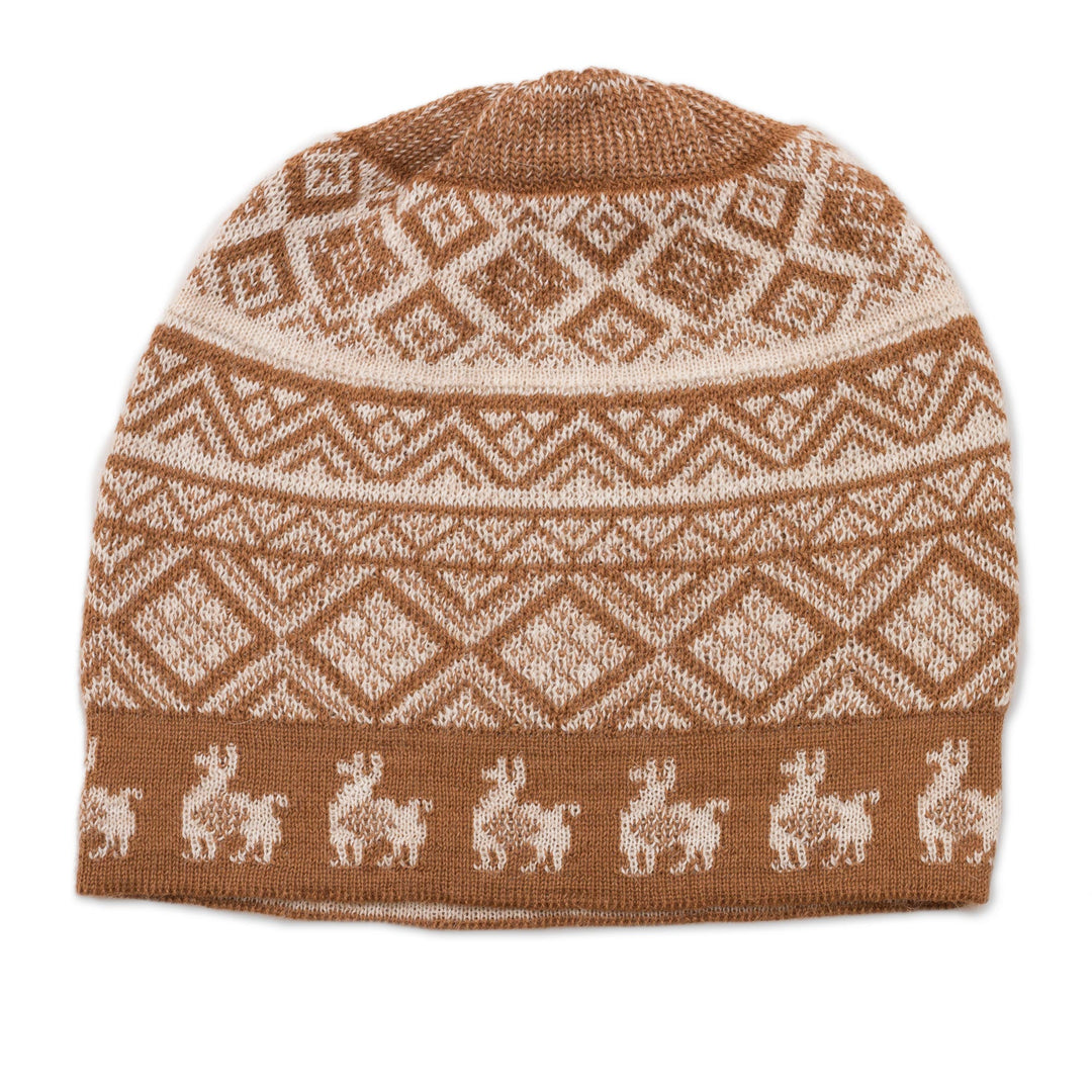 Cinnamon Brown and Ivory Diamond Motif Alpaca Blend Knit Hat - Alpaca Parade in Cinnamon