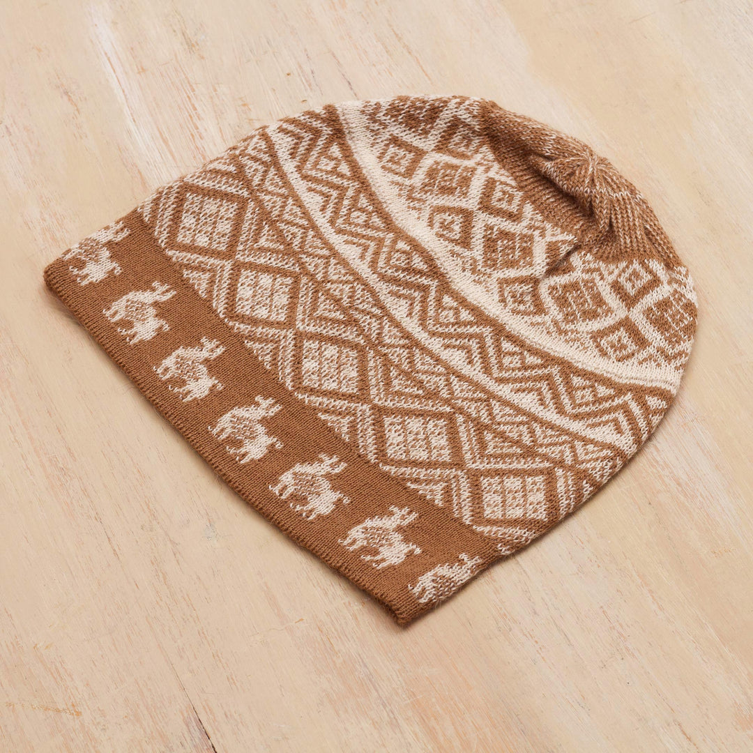 Cinnamon Brown and Ivory Diamond Motif Alpaca Blend Knit Hat - Alpaca Parade in Cinnamon