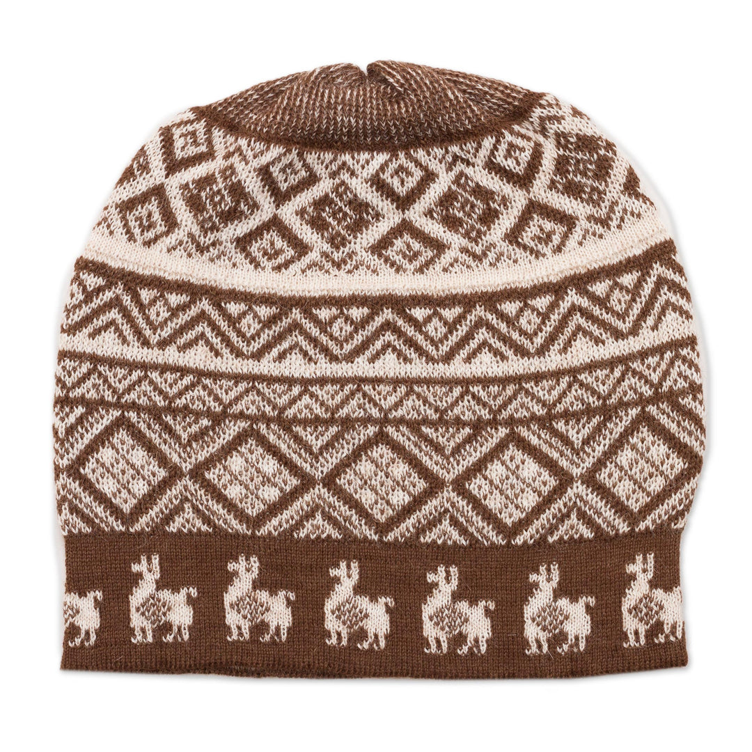 Chestnut Brown and Ivory Diamond Motif Alpaca Blend Knit Hat - Alpaca Parade in Brown