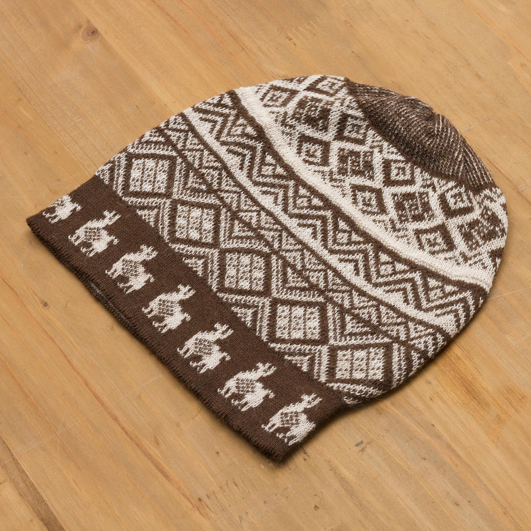 Chestnut Brown and Ivory Diamond Motif Alpaca Blend Knit Hat - Alpaca Parade in Brown