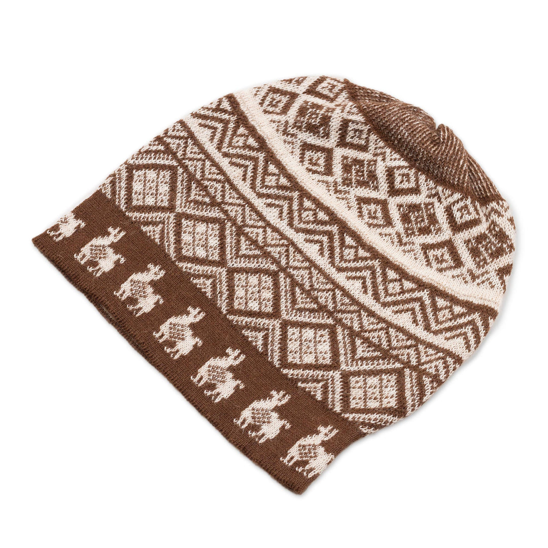 Chestnut Brown and Ivory Diamond Motif Alpaca Blend Knit Hat - Alpaca Parade in Brown