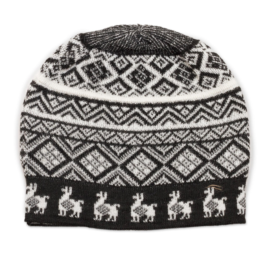 Black and White Diamond Motif Alpaca Blend Knit Hat - Alpaca Parade in Black