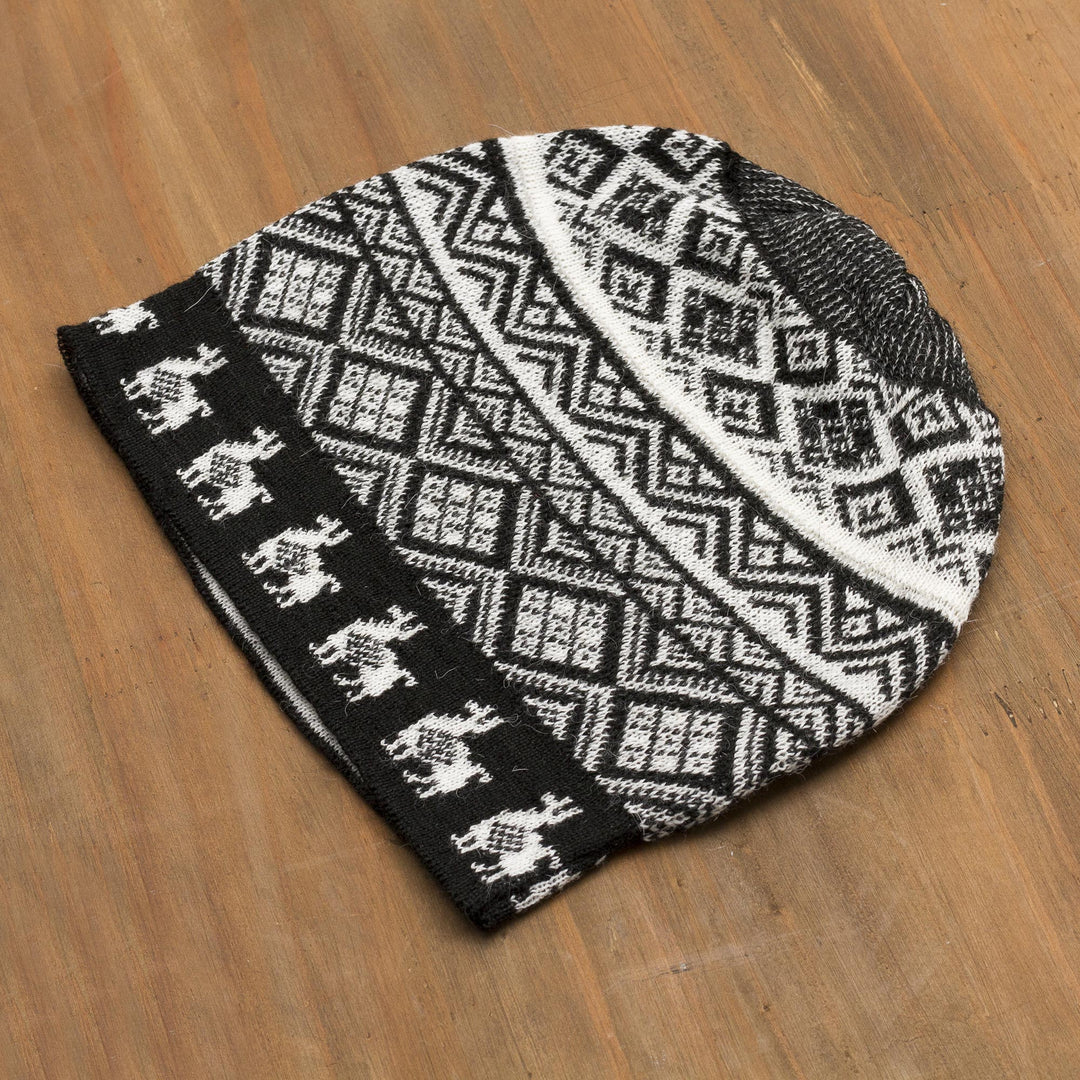 Black and White Diamond Motif Alpaca Blend Knit Hat - Alpaca Parade in Black