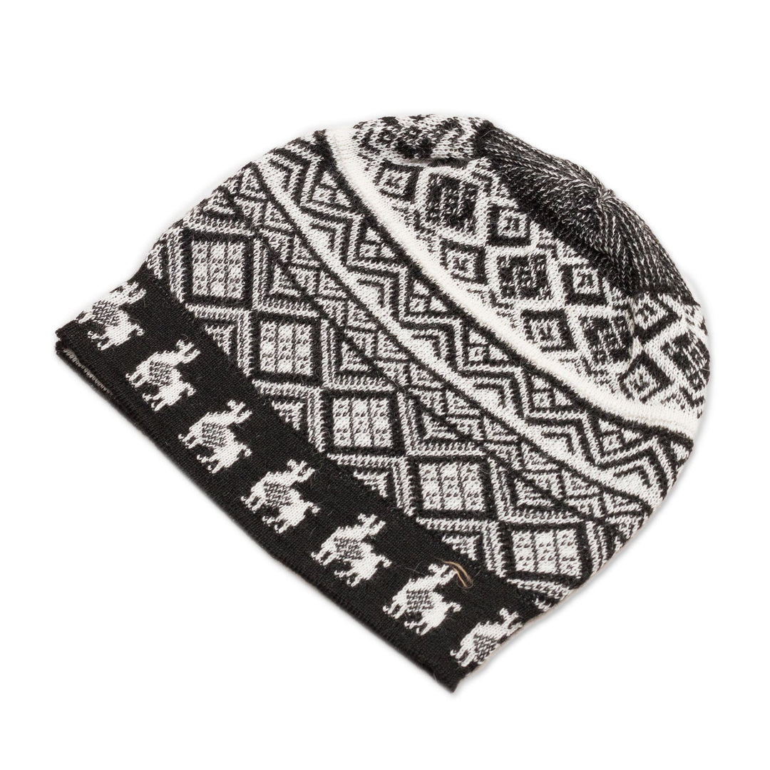 Black and White Diamond Motif Alpaca Blend Knit Hat - Alpaca Parade in Black