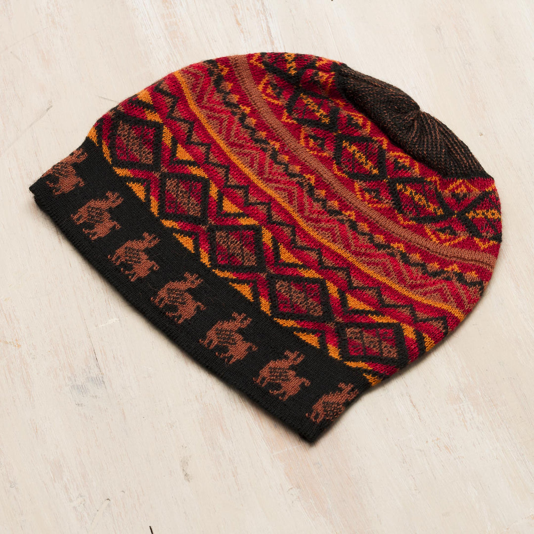 Black Red and Orange Diamond Motif Alpaca Blend Knit Hat - Alpaca Sunset