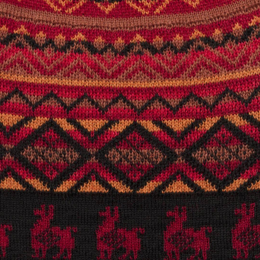 Red and Orange on Black Diamond Motif Alpaca Blend Knit Hat - Alpaca Sunrise